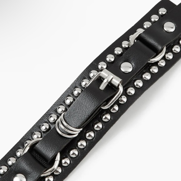 NWT Black Leather Silver Studded O-Ring Collar Choker - Picture 3 of 8